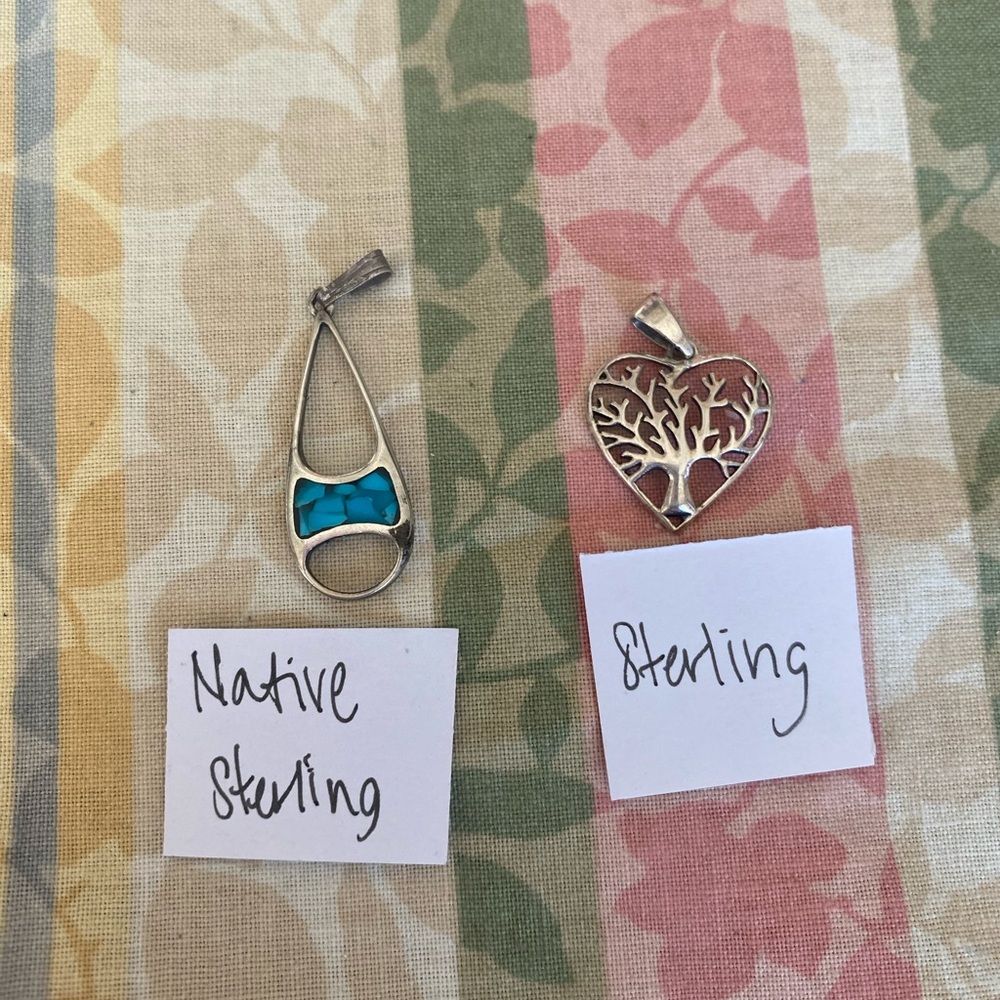 2 Sterling Silver Pendants. 1 native w/Turquoise chips & 1 the tree of life
